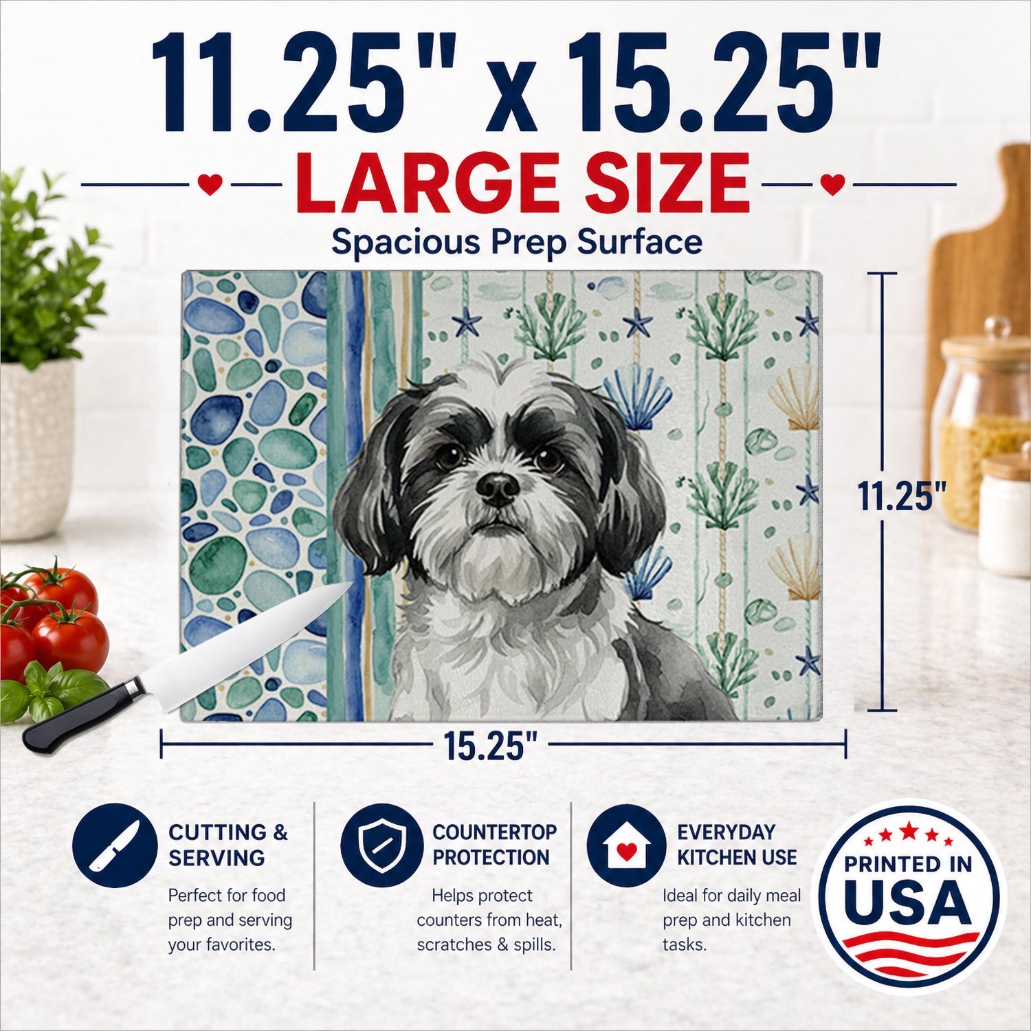 Black and White Shih Tzu Coastal Sea Glass Cutting Board Tempered Glass Kitchen Cutting Surface, Heat Resistant Chopping, Non-Slip Feet, Food Prep & Serving