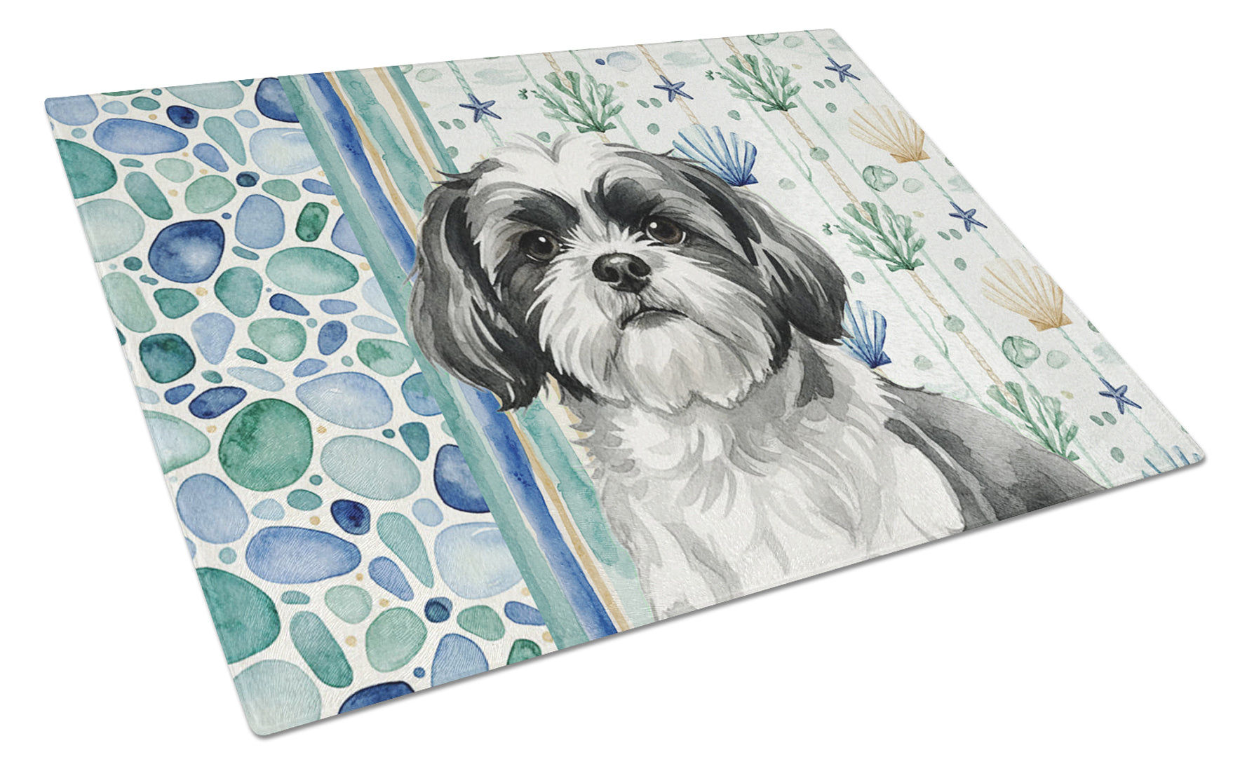 Black and White Shih Tzu Coastal Sea Glass Cutting Board Tempered Glass Kitchen Cutting Surface, Heat Resistant Chopping, Non-Slip Feet, Food Prep & Serving