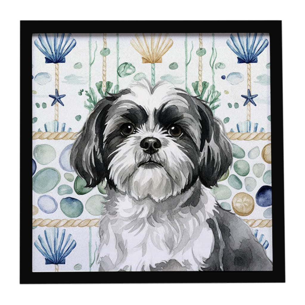 Black and White Shih Tzu Coastal Sea Glass Framed Metal Print Bathroom, Kitchen, Office, Home Decor Wall Art Ready to Hang, Square, 8X8