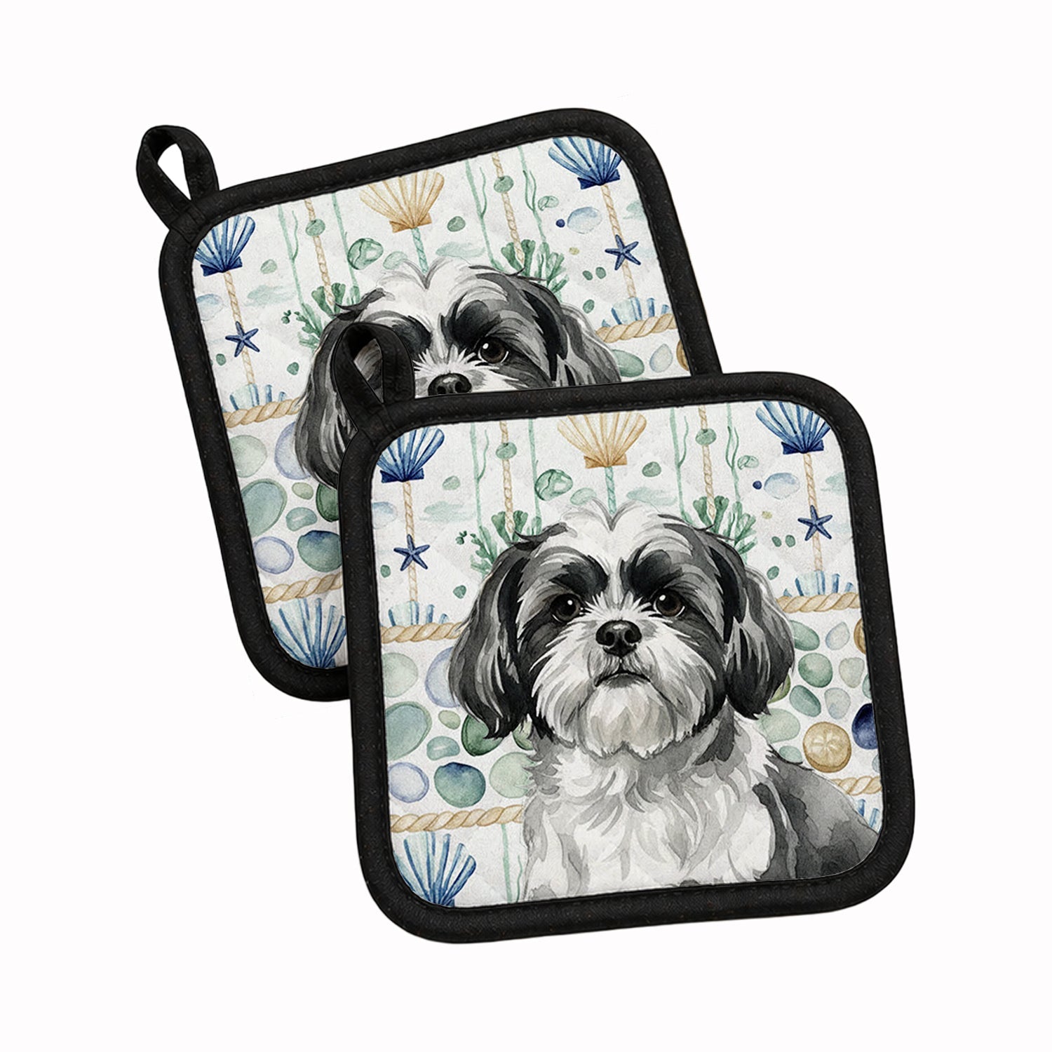 Black and White Shih Tzu Coastal Sea Glass Pot Holder Set of 2 Heat Resistant Quilted Hot Pads 7.5 x 7.5 Inch, Insulated Kitchen Trivets for Cooking & Baking