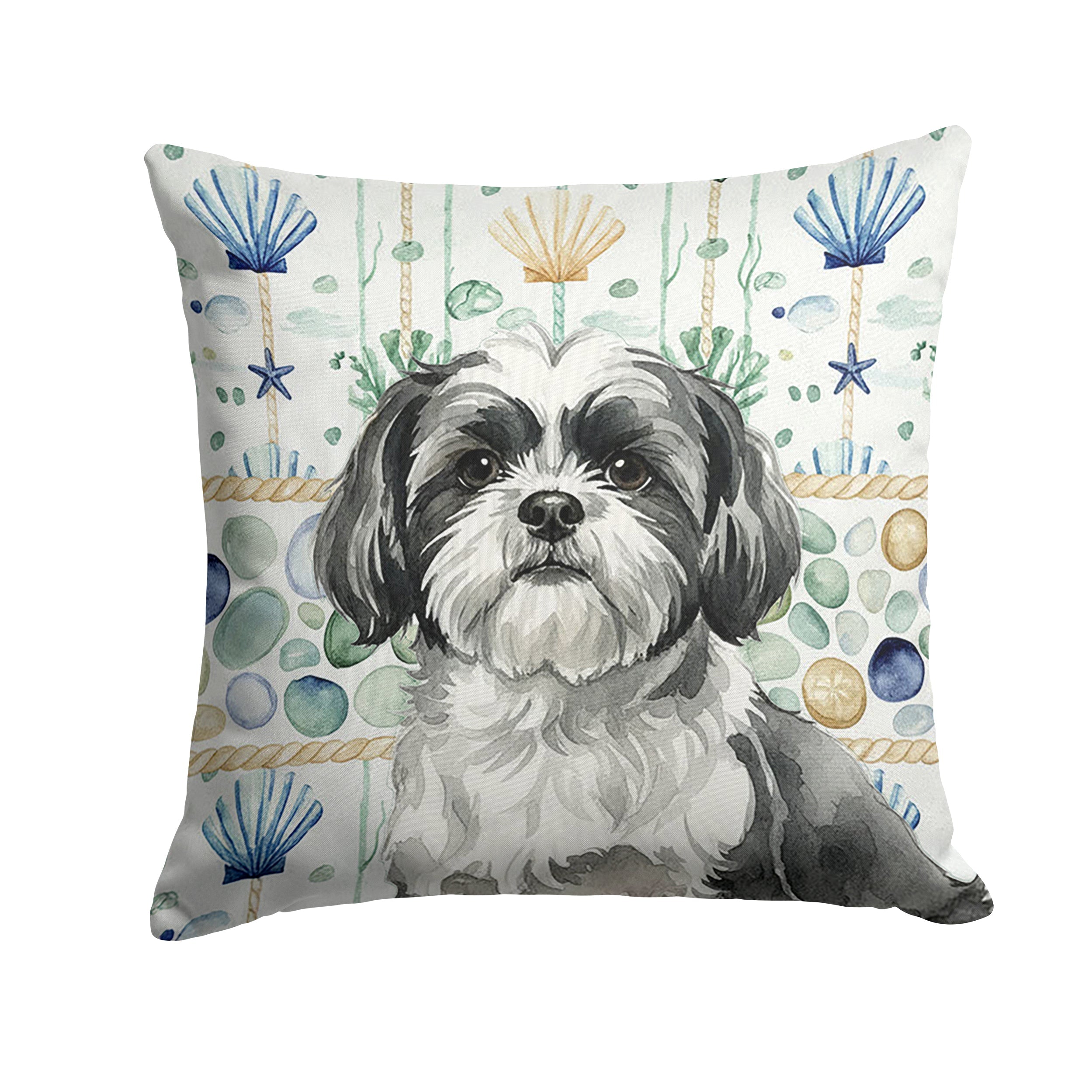 Black and White Shih Tzu Coastal Sea Glass Decorative Throw Pillow 14x14 Indoor Outdoor Accent Cushion, Fabric Cover with Insert for Sofa, Bed, Porch & Living Room