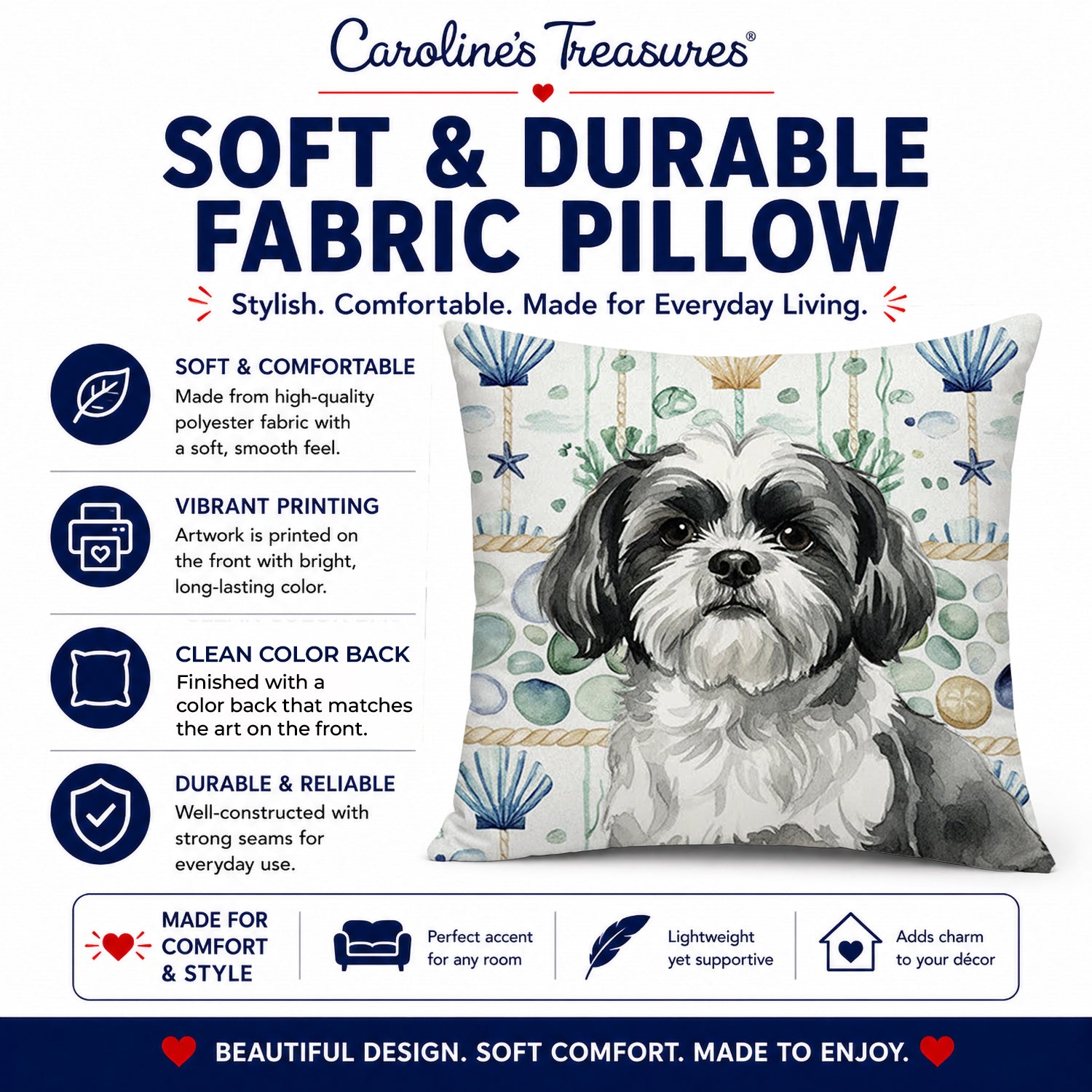 Black and White Shih Tzu Coastal Sea Glass Decorative Throw Pillow 18x18 Indoor Outdoor Accent Cushion, Fabric Cover with Insert for Sofa, Bed, Porch & Living Room