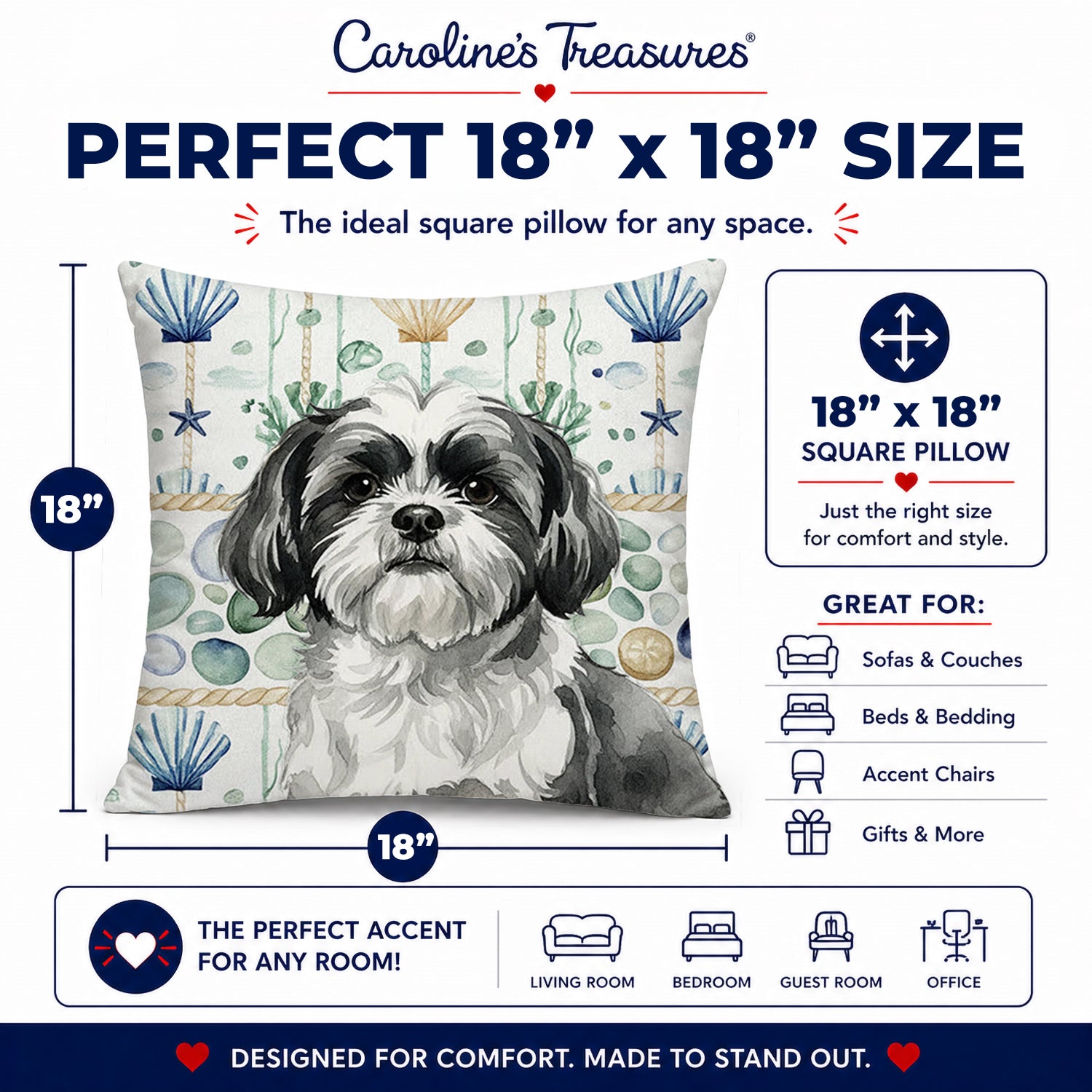 Black and White Shih Tzu Coastal Sea Glass Decorative Throw Pillow 18x18 Indoor Outdoor Accent Cushion, Fabric Cover with Insert for Sofa, Bed, Porch & Living Room