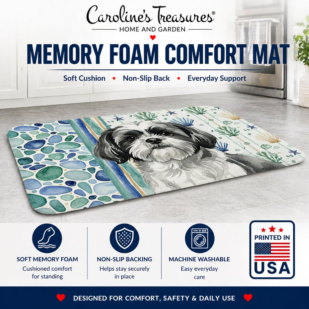 Black and White Shih Tzu Coastal Sea Glass Memory Foam Kitchen Mat Machine Washable Anti-Fatigue Cushion Comfort Bath or Kitchen Rug