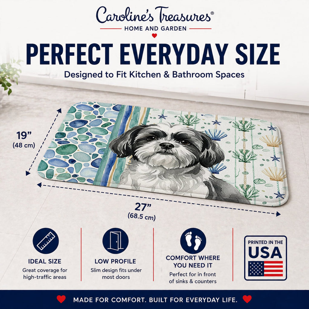 Black and White Shih Tzu Coastal Sea Glass Memory Foam Kitchen Mat Machine Washable Anti-Fatigue Cushion Comfort Bath or Kitchen Rug