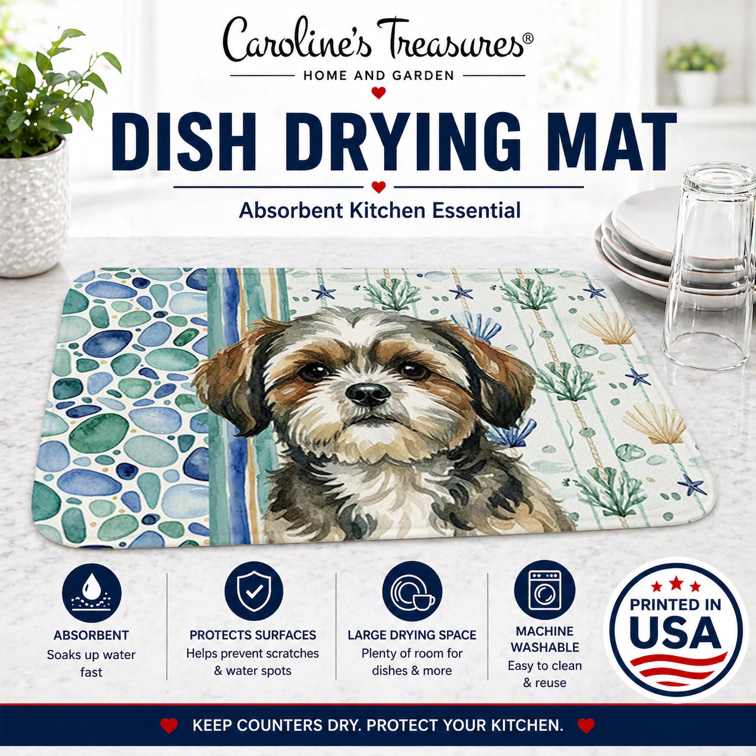 Brindle Shih Tzu Coastal Sea Glass Dish Drying Mat Absorbent Dish Drying Mat Pad for Kitchen Counter Dish Drainer Mat for Countertop, 14 x 21", Multicolor