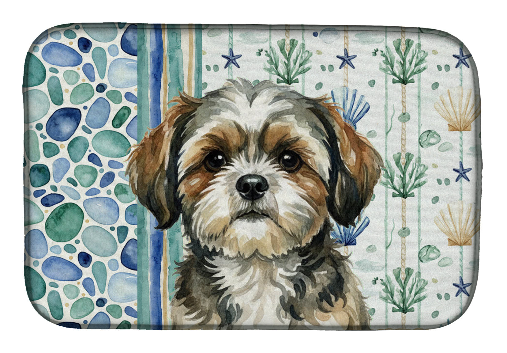 Brindle Shih Tzu Coastal Sea Glass Dish Drying Mat Absorbent Dish Drying Mat Pad for Kitchen Counter Dish Drainer Mat for Countertop, 14 x 21", Multicolor