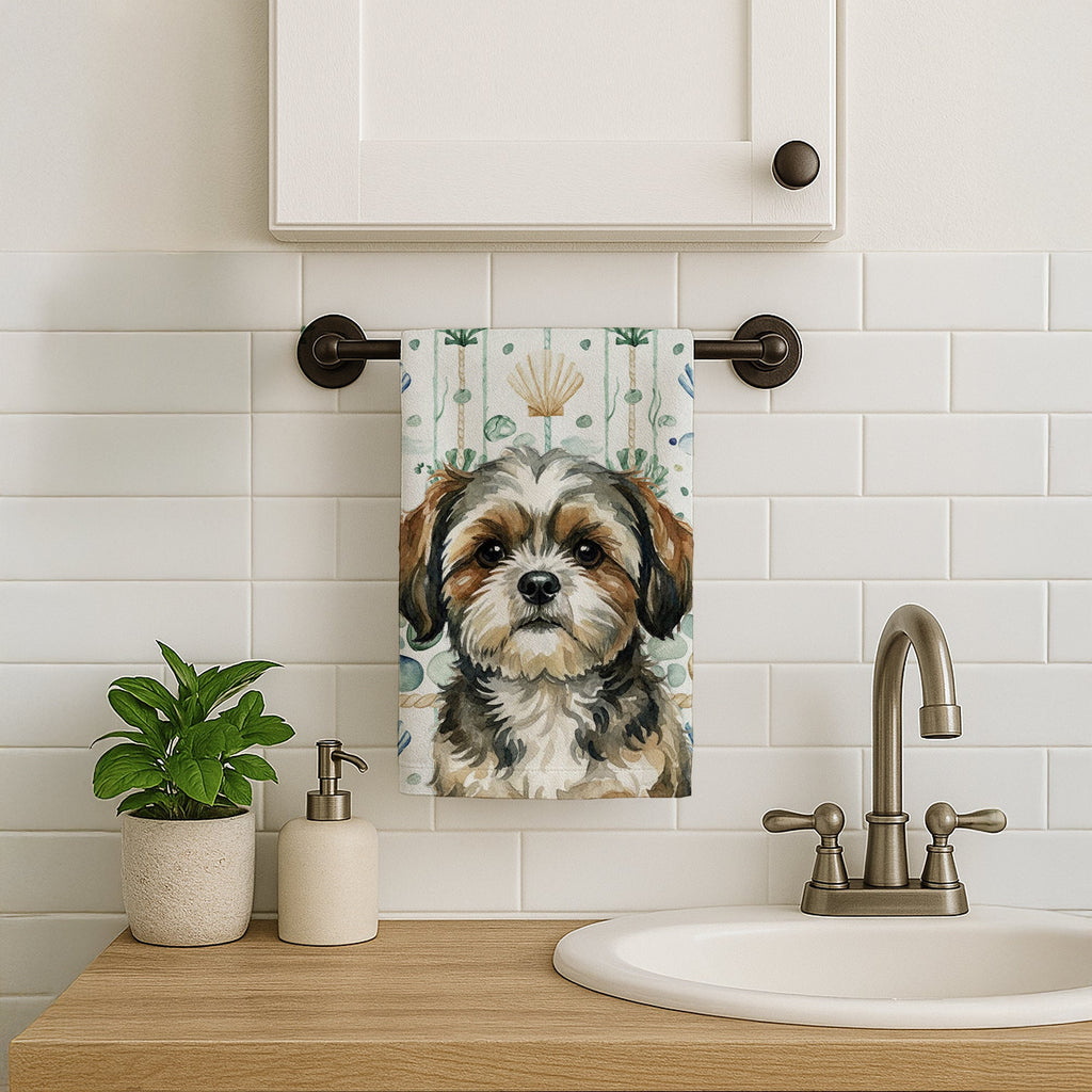 Brindle Shih Tzu Coastal Sea Glass Kitchen Towel Velour Plush Front and Cotton Loop Back Machine Washable