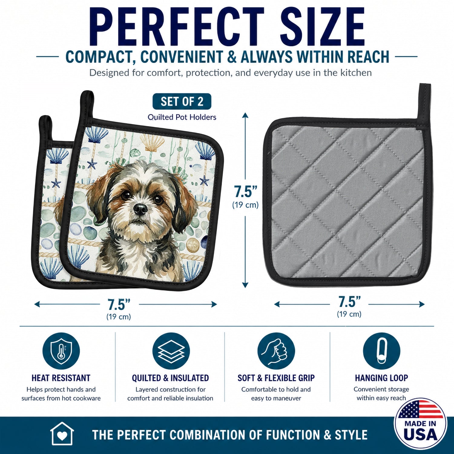 Brindle Shih Tzu Coastal Sea Glass Pot Holder Set of 2 Heat Resistant Quilted Hot Pads 7.5 x 7.5 Inch, Insulated Kitchen Trivets for Cooking & Baking
