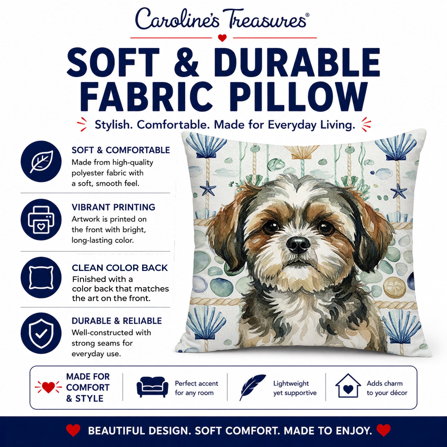 Brindle Shih Tzu Coastal Sea Glass Decorative Throw Pillow 14x14 Indoor Outdoor Accent Cushion, Fabric Cover with Insert for Sofa, Bed, Porch & Living Room