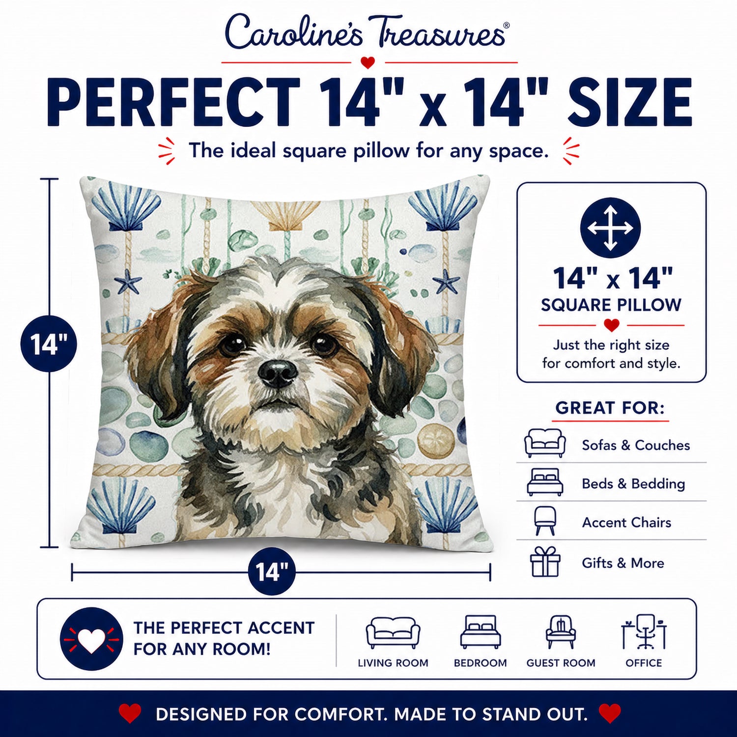 Brindle Shih Tzu Coastal Sea Glass Decorative Throw Pillow 14x14 Indoor Outdoor Accent Cushion, Fabric Cover with Insert for Sofa, Bed, Porch & Living Room