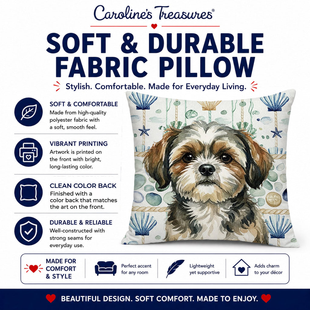 Brindle Shih Tzu Coastal Sea Glass Decorative Throw Pillow 18x18 Indoor Outdoor Accent Cushion, Fabric Cover with Insert for Sofa, Bed, Porch & Living Room
