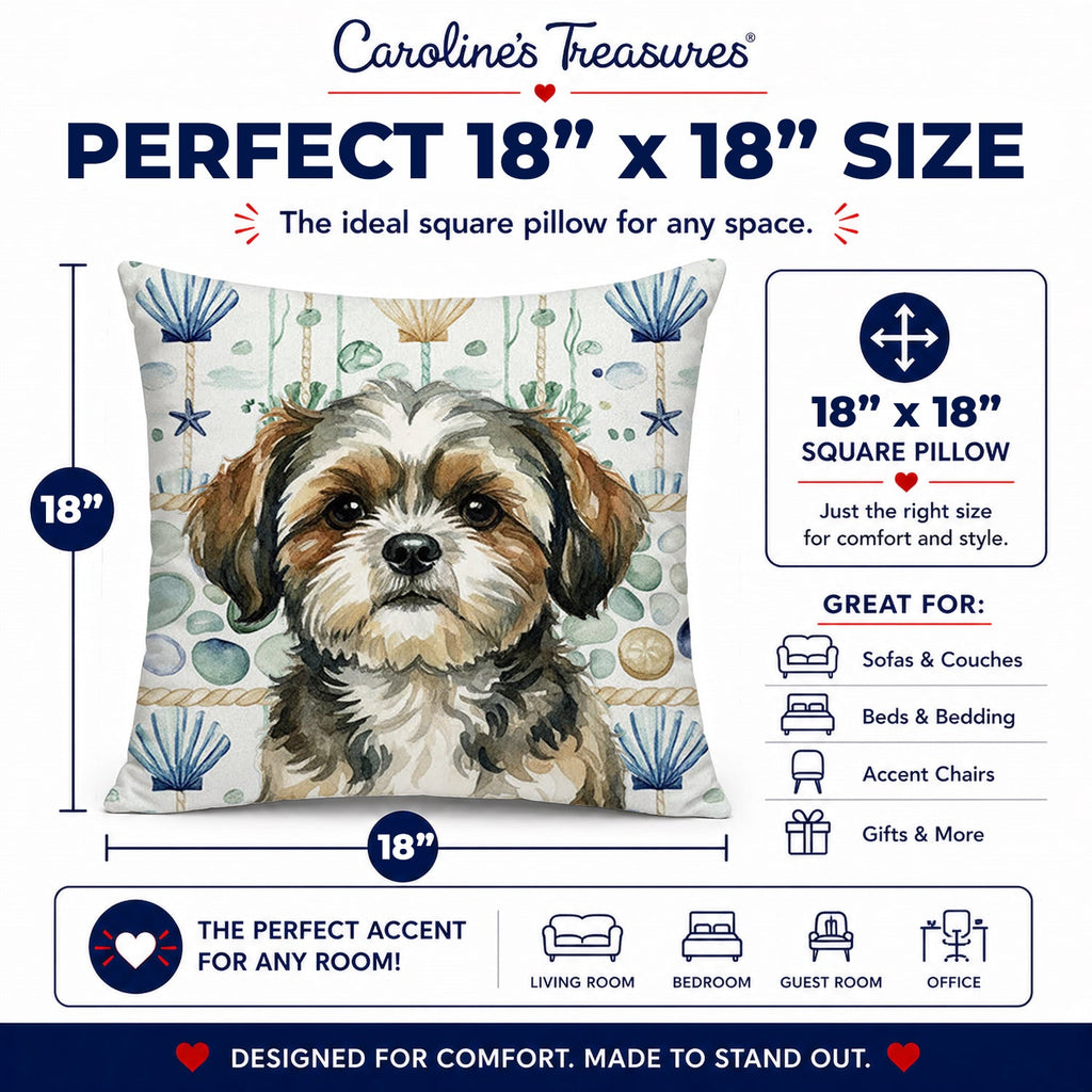 Brindle Shih Tzu Coastal Sea Glass Decorative Throw Pillow 18x18 Indoor Outdoor Accent Cushion, Fabric Cover with Insert for Sofa, Bed, Porch & Living Room