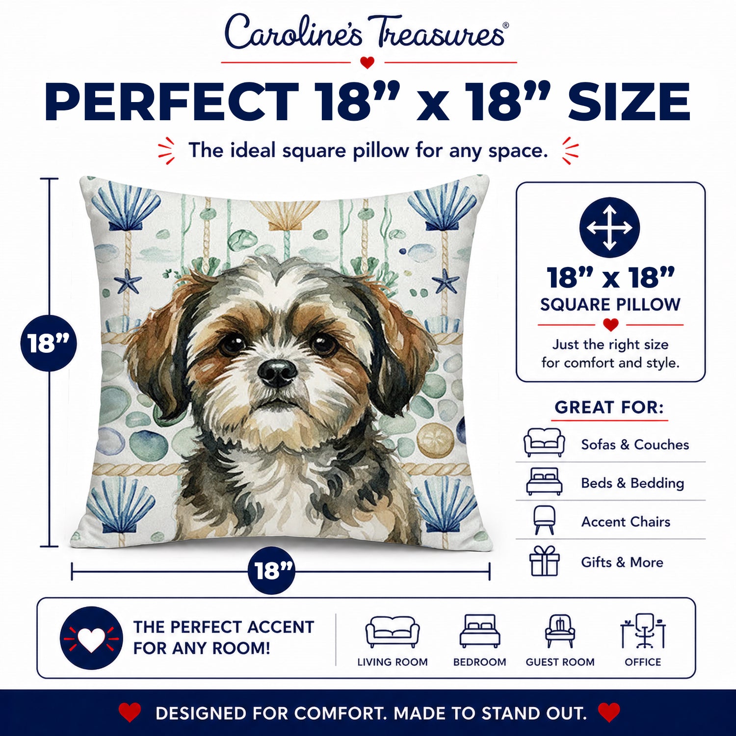 Brindle Shih Tzu Coastal Sea Glass Decorative Throw Pillow 18x18 Indoor Outdoor Accent Cushion, Fabric Cover with Insert for Sofa, Bed, Porch & Living Room
