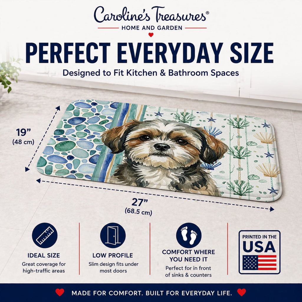 Brindle Shih Tzu Coastal Sea Glass Memory Foam Kitchen Mat Machine Washable Anti-Fatigue Cushion Comfort Bath or Kitchen Rug
