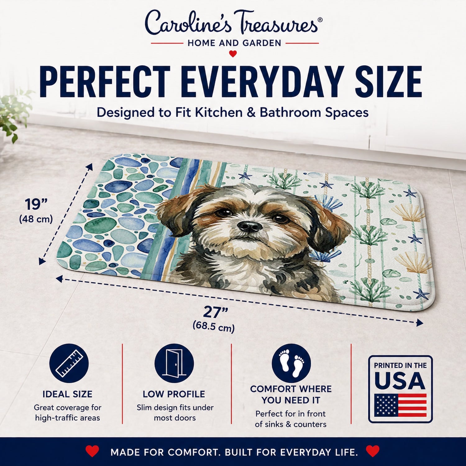 Brindle Shih Tzu Coastal Sea Glass Memory Foam Kitchen Mat Machine Washable Anti-Fatigue Cushion Comfort Bath or Kitchen Rug