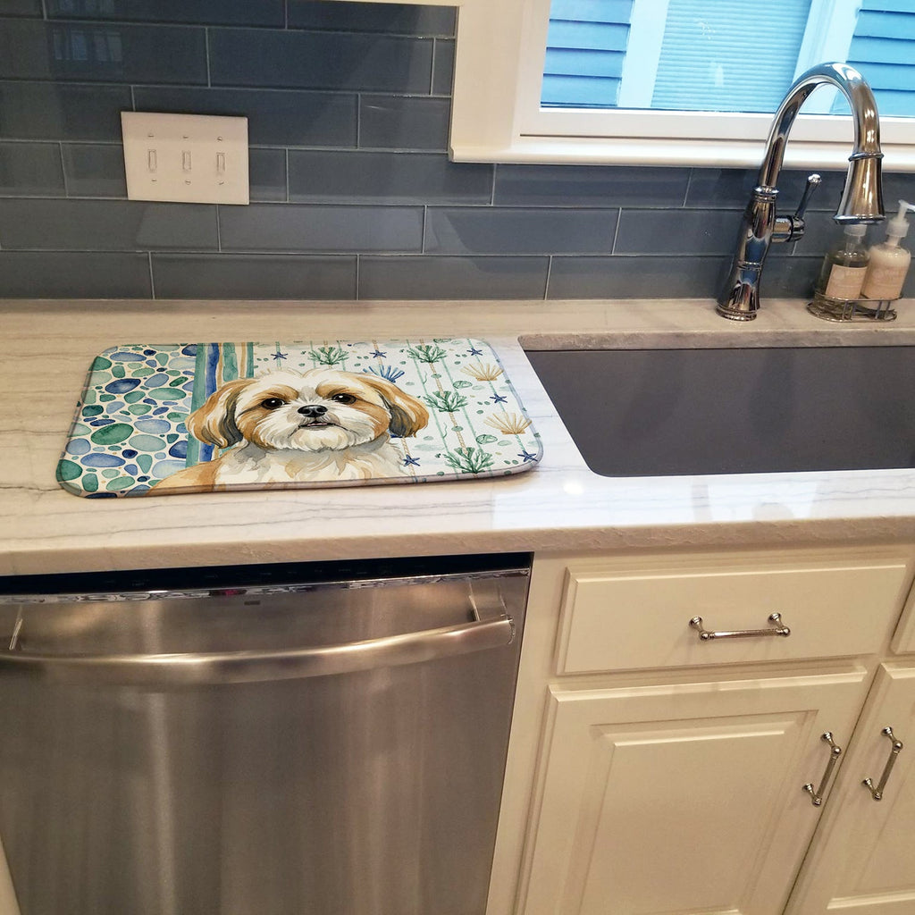 Gold and White Shih Tzu Coastal Sea Glass Dish Drying Mat Absorbent Dish Drying Mat Pad for Kitchen Counter Dish Drainer Mat for Countertop, 14 x 21", Multicolor