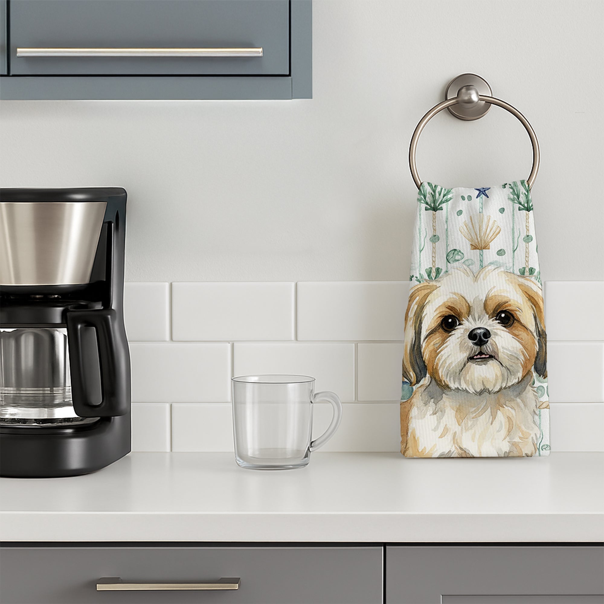 Gold and White Shih Tzu Coastal Sea Glass Kitchen Towel Velour Plush Front and Cotton Loop Back Machine Washable