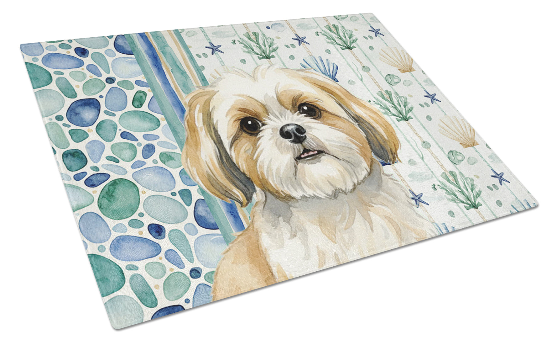 Gold and White Shih Tzu Coastal Sea Glass Cutting Board Tempered Glass Kitchen Cutting Surface, Heat Resistant Chopping, Non-Slip Feet, Food Prep & Serving