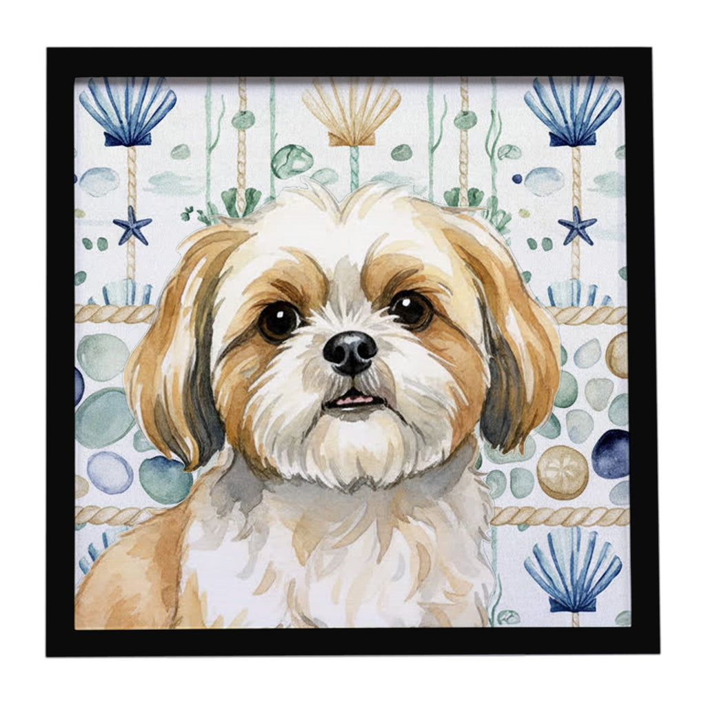 Gold and White Shih Tzu Coastal Sea Glass Framed Metal Print Bathroom, Kitchen, Office, Home Decor Wall Art Ready to Hang, Square, 8X8