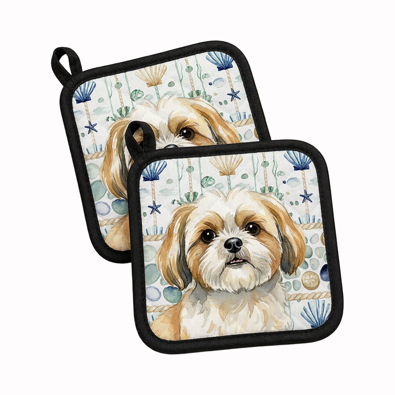 Gold and White Shih Tzu Coastal Sea Glass Pot Holder Set of 2 Heat Resistant Quilted Hot Pads 7.5 x 7.5 Inch, Insulated Kitchen Trivets for Cooking & Baking