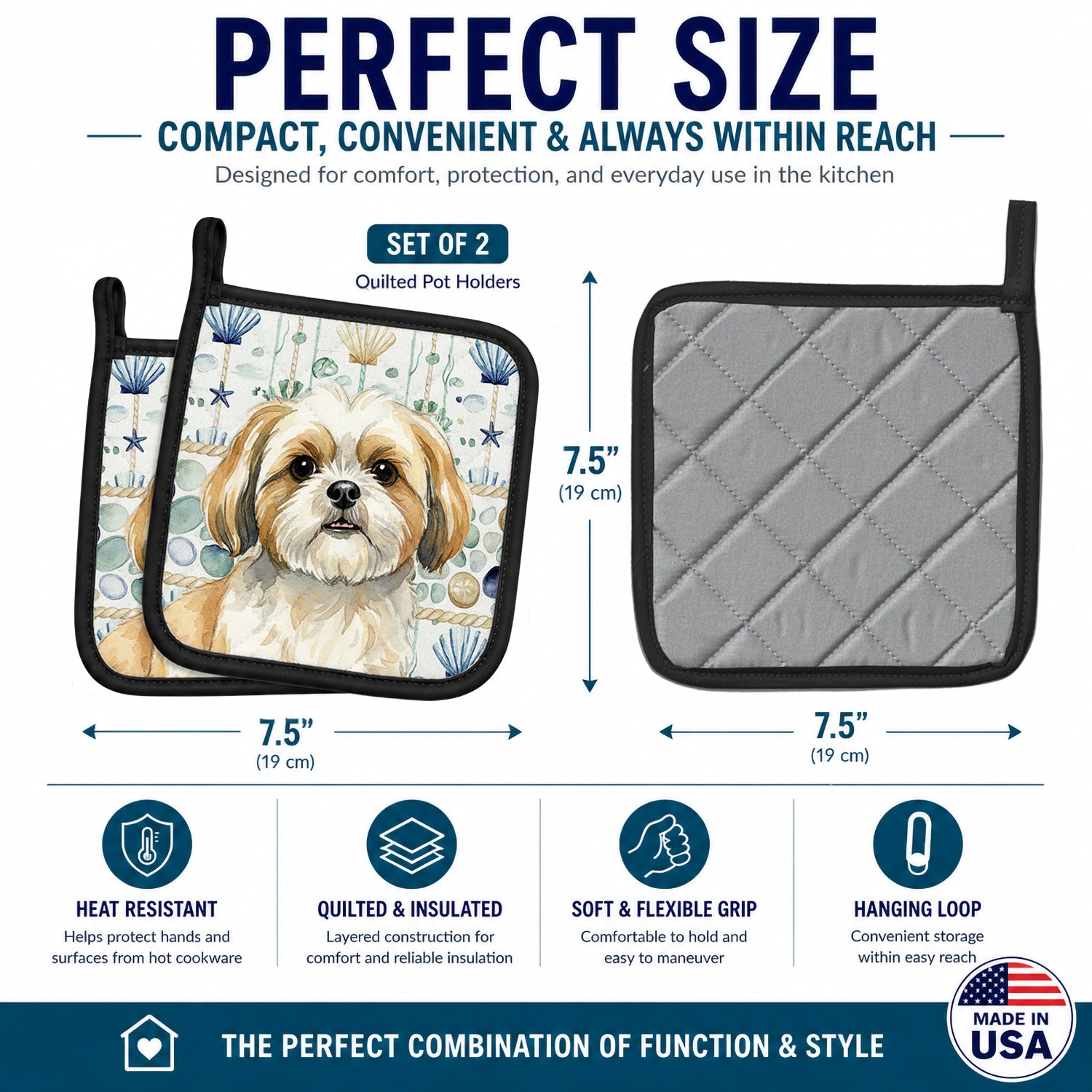 Gold and White Shih Tzu Coastal Sea Glass Pot Holder Set of 2 Heat Resistant Quilted Hot Pads 7.5 x 7.5 Inch, Insulated Kitchen Trivets for Cooking & Baking