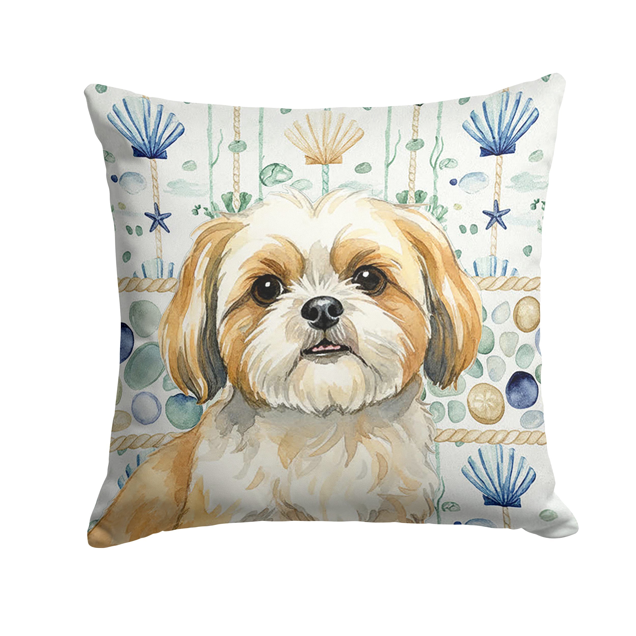 Gold and White Shih Tzu Coastal Sea Glass Decorative Throw Pillow 18x18 Indoor Outdoor Accent Cushion, Fabric Cover with Insert for Sofa, Bed, Porch & Living Room