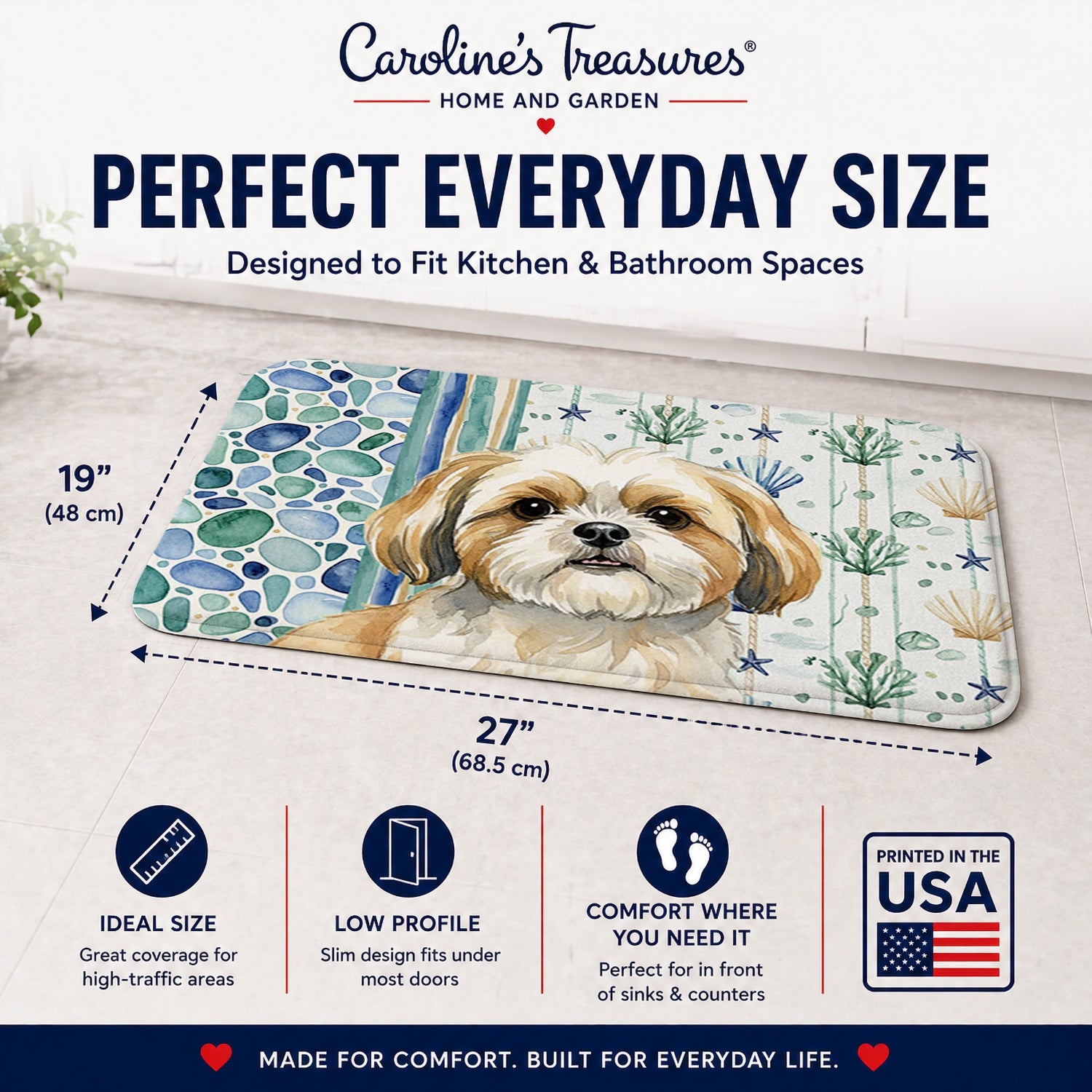Gold and White Shih Tzu Coastal Sea Glass Memory Foam Kitchen Mat Machine Washable Anti-Fatigue Cushion Comfort Bath or Kitchen Rug