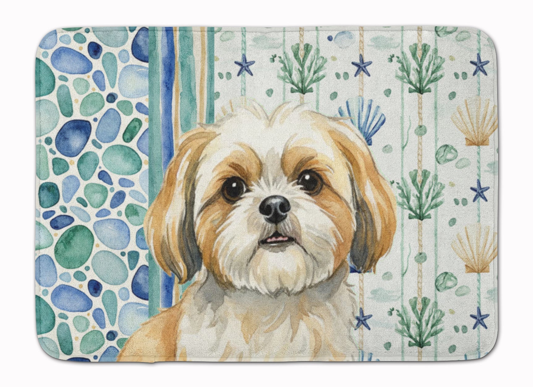 Gold and White Shih Tzu Coastal Sea Glass Memory Foam Kitchen Mat Machine Washable Anti-Fatigue Cushion Comfort Bath or Kitchen Rug