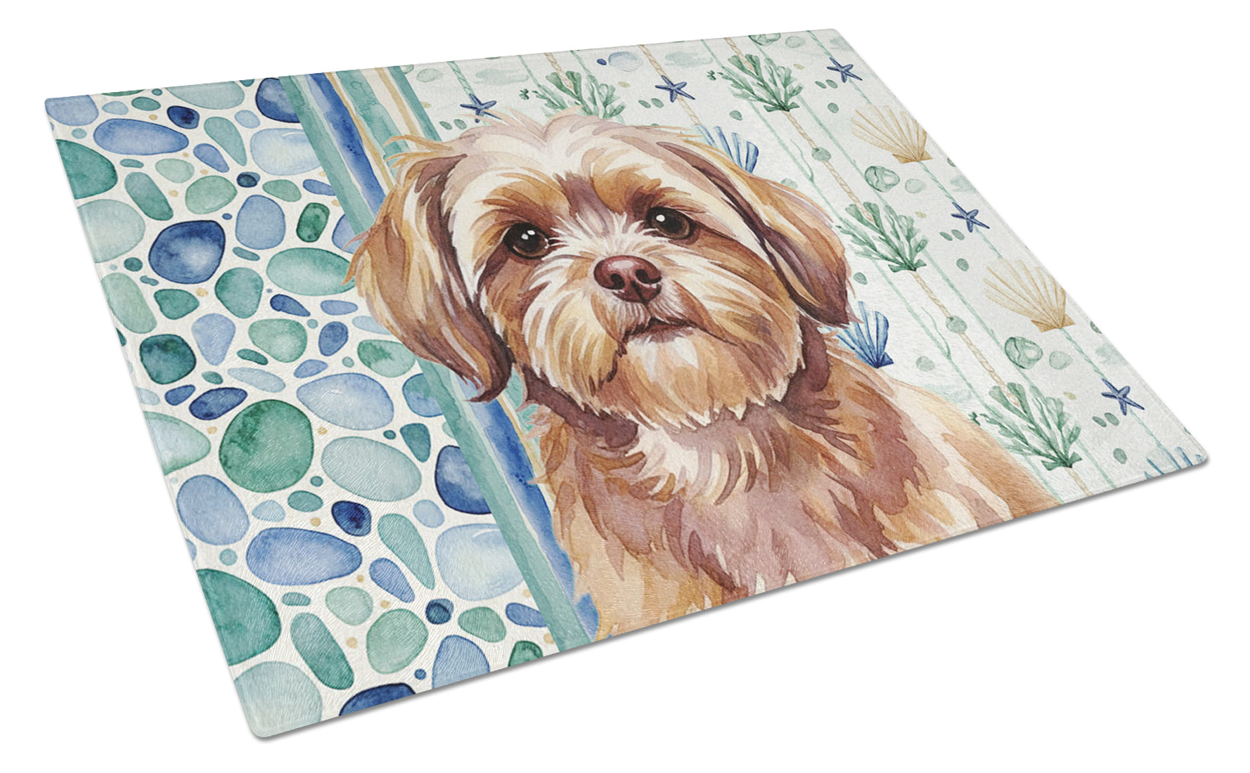Liver Shih Tzu Coastal Sea Glass Cutting Board Tempered Glass Kitchen Cutting Surface, Heat Resistant Chopping, Non-Slip Feet, Food Prep & Serving