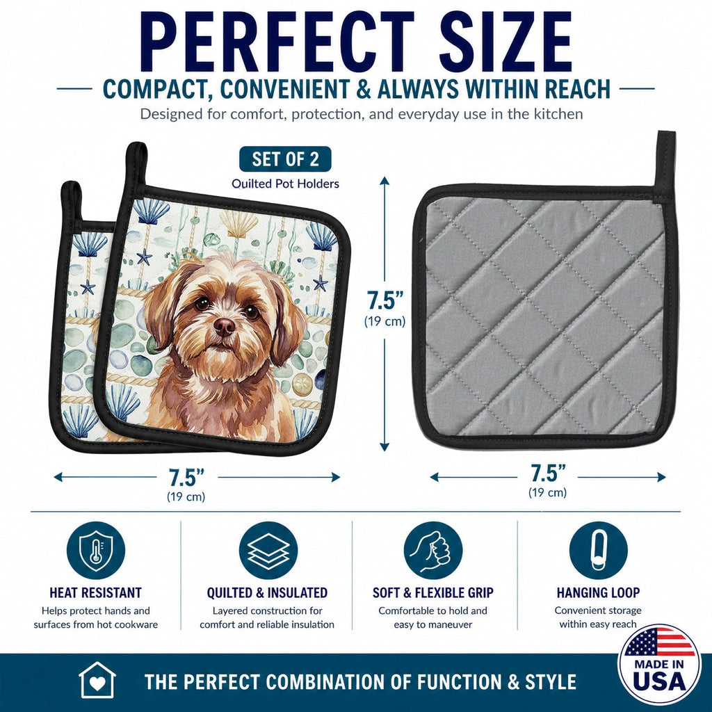 Liver Shih Tzu Coastal Sea Glass Pot Holder Set of 2 Heat Resistant Quilted Hot Pads 7.5 x 7.5 Inch, Insulated Kitchen Trivets for Cooking & Baking