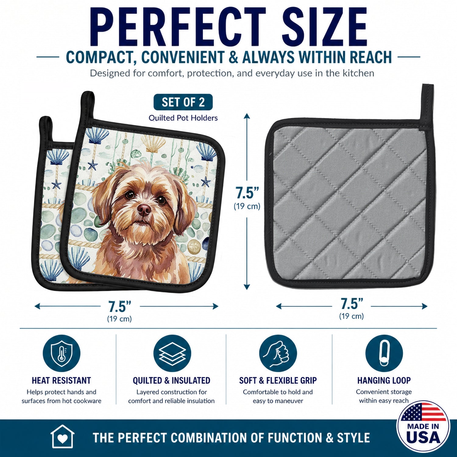 Liver Shih Tzu Coastal Sea Glass Pot Holder Set of 2 Heat Resistant Quilted Hot Pads 7.5 x 7.5 Inch, Insulated Kitchen Trivets for Cooking & Baking