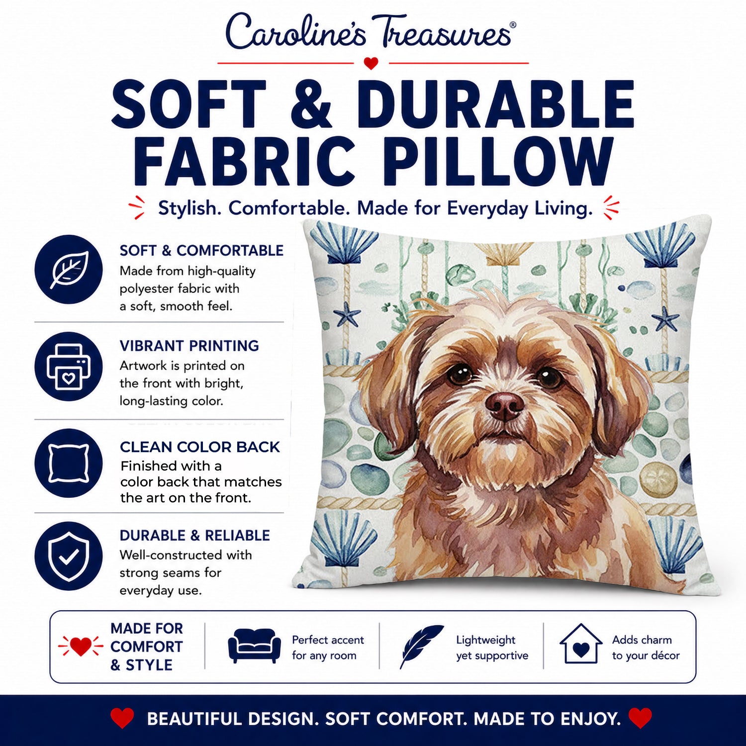 Liver Shih Tzu Coastal Sea Glass Decorative Throw Pillow 14x14 Indoor Outdoor Accent Cushion, Fabric Cover with Insert for Sofa, Bed, Porch & Living Room
