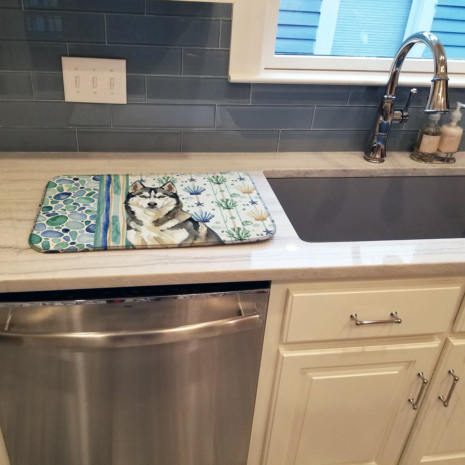 Agouti Siberian Husky Coastal Sea Glass Dish Drying Mat Absorbent Dish Drying Mat Pad for Kitchen Counter Dish Drainer Mat for Countertop, 14 x 21", Multicolor