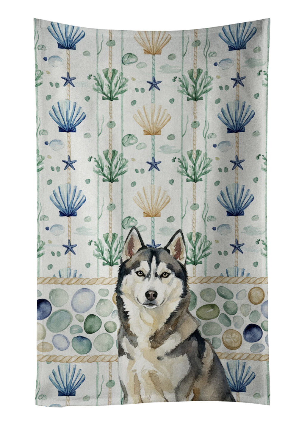 Agouti Siberian Husky Coastal Sea Glass Kitchen Towel Velour Plush Front and Cotton Loop Back Machine Washable