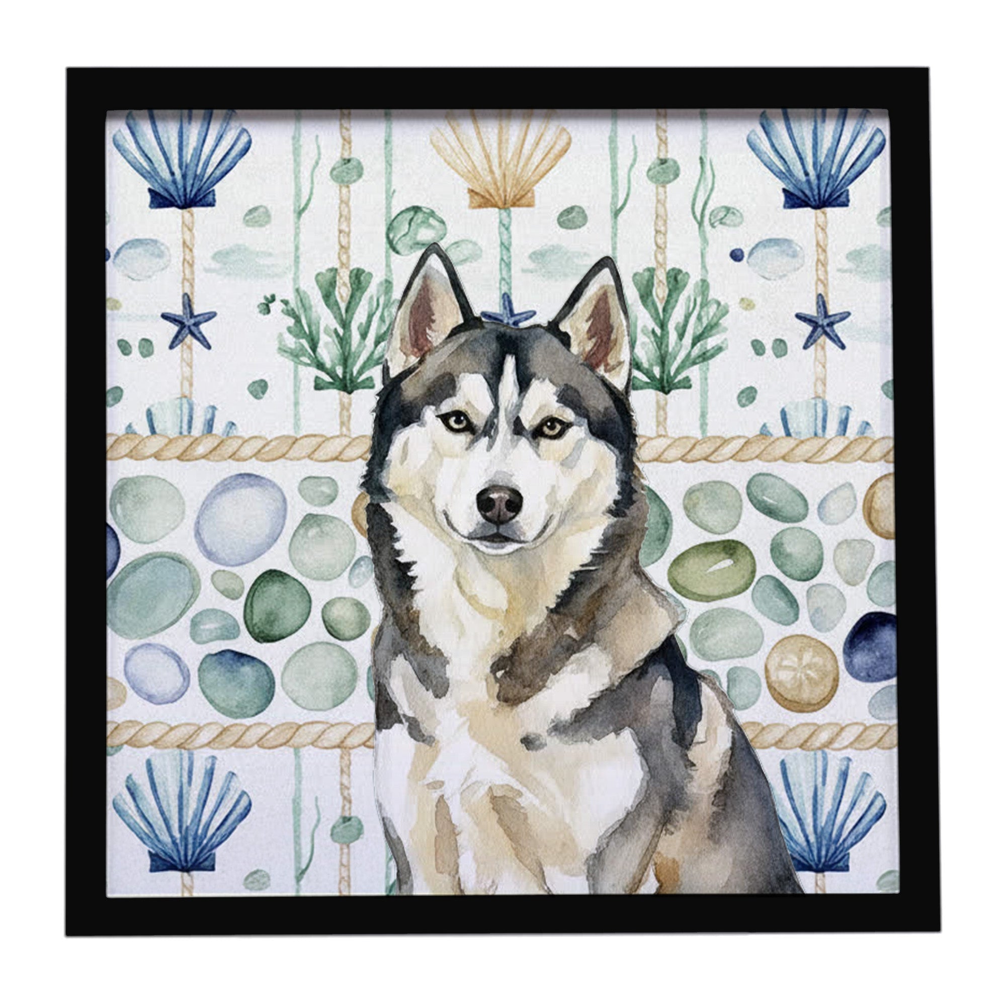 Agouti Siberian Husky Coastal Sea Glass Framed Metal Print Bathroom, Kitchen, Office, Home Decor Wall Art Ready to Hang, Square, 8X8