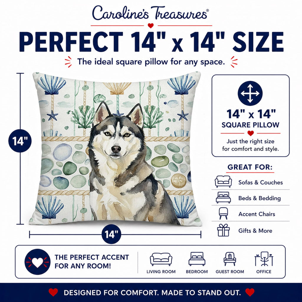 Agouti Siberian Husky Coastal Sea Glass Decorative Throw Pillow 14x14 Indoor Outdoor Accent Cushion, Fabric Cover with Insert for Sofa, Bed, Porch & Living Room