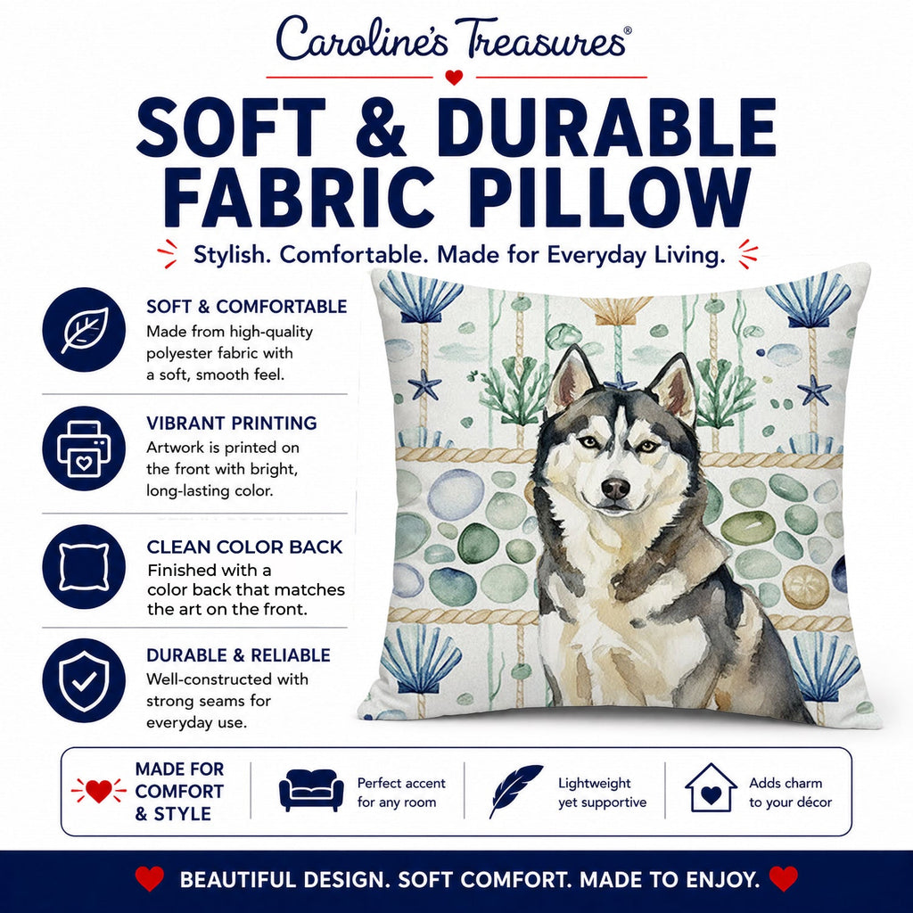 Agouti Siberian Husky Coastal Sea Glass Decorative Throw Pillow 18x18 Indoor Outdoor Accent Cushion, Fabric Cover with Insert for Sofa, Bed, Porch & Living Room