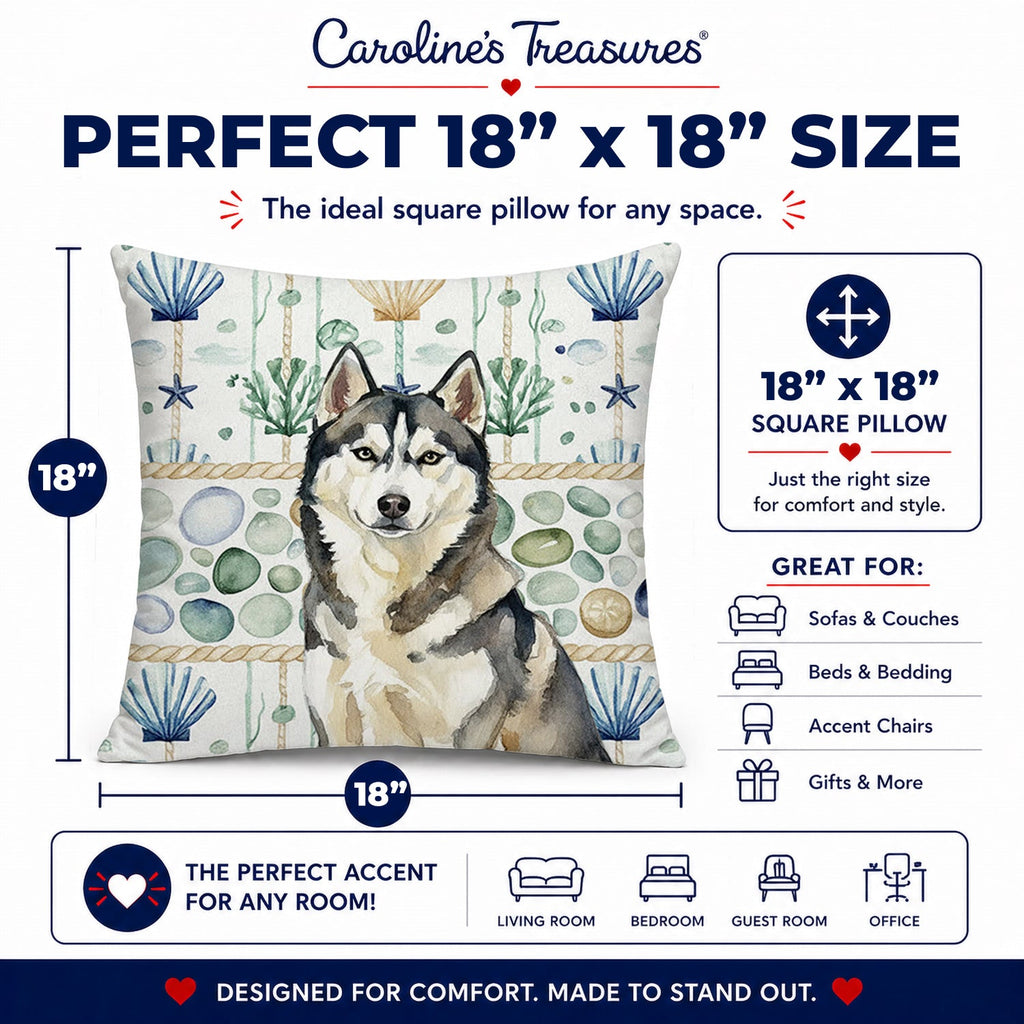 Agouti Siberian Husky Coastal Sea Glass Decorative Throw Pillow 18x18 Indoor Outdoor Accent Cushion, Fabric Cover with Insert for Sofa, Bed, Porch & Living Room