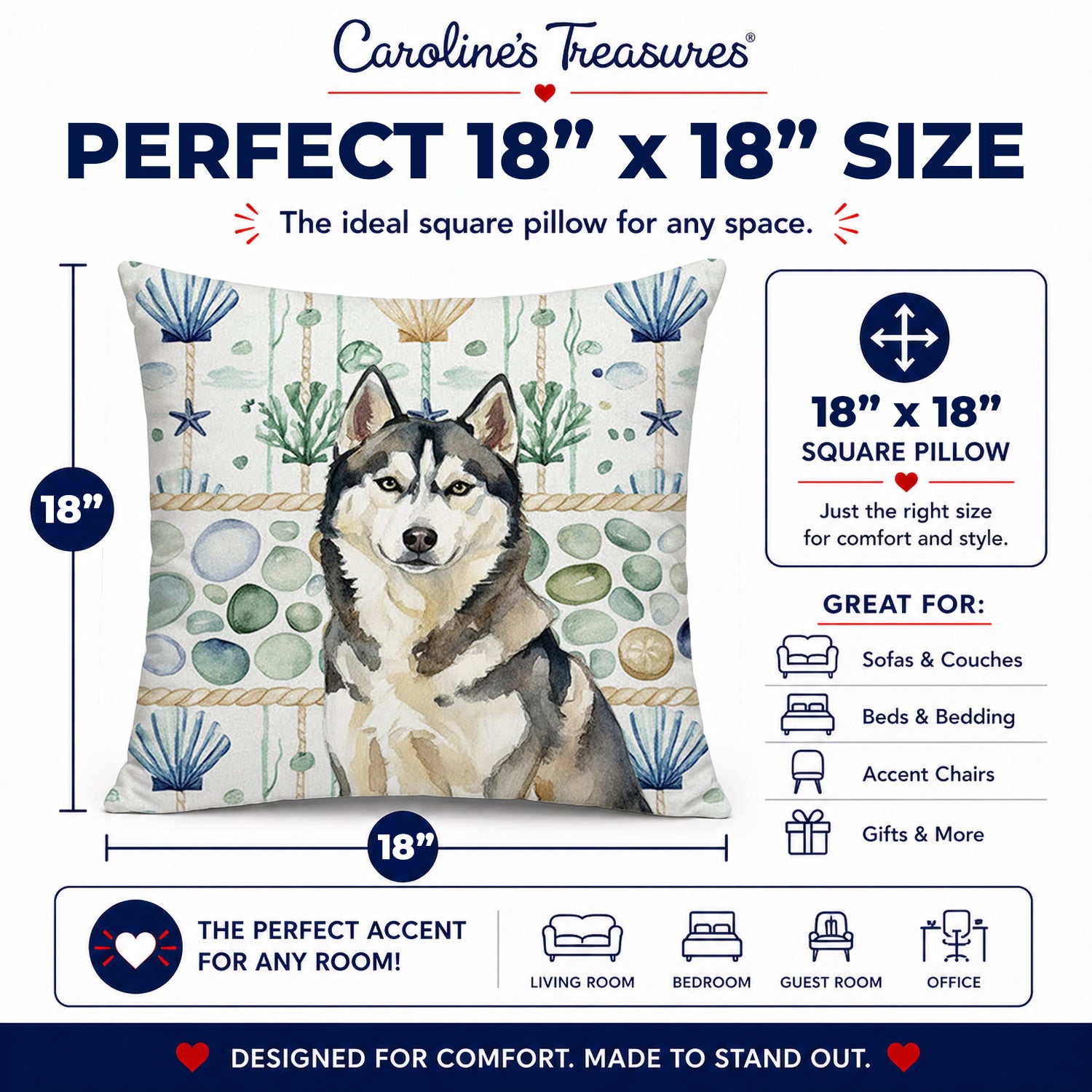 Agouti Siberian Husky Coastal Sea Glass Decorative Throw Pillow 18x18 Indoor Outdoor Accent Cushion, Fabric Cover with Insert for Sofa, Bed, Porch & Living Room