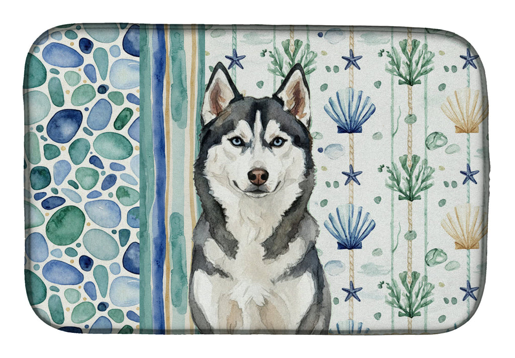 Siberian Husky Coastal Sea Glass Dish Drying Mat Absorbent Dish Drying Mat Pad for Kitchen Counter Dish Drainer Mat for Countertop, 14 x 21", Multicolor