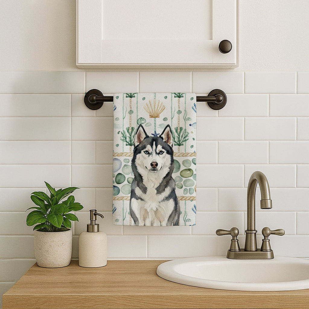 Siberian Husky Coastal Sea Glass Kitchen Towel Velour Plush Front and Cotton Loop Back Machine Washable