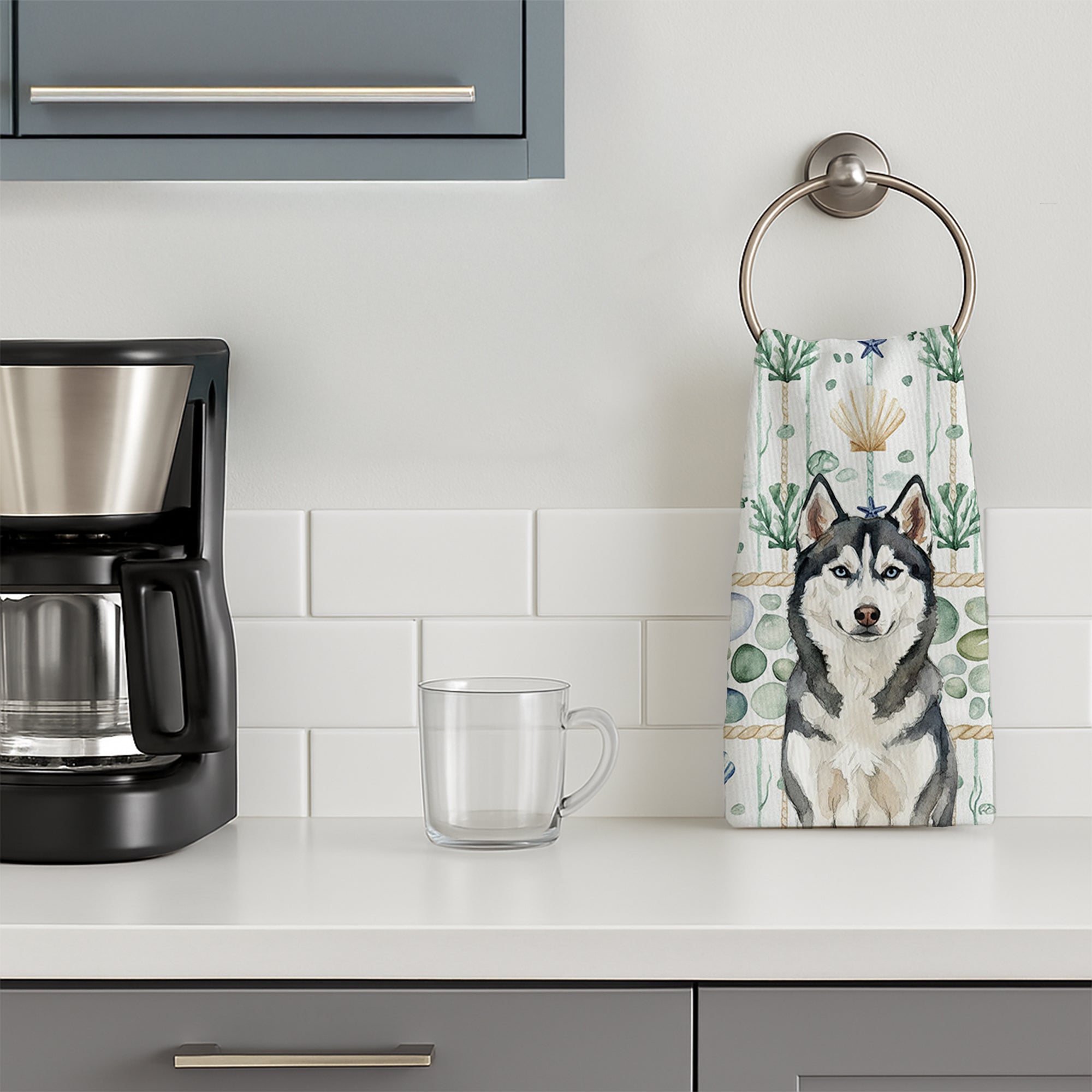 Siberian Husky Coastal Sea Glass Kitchen Towel Velour Plush Front and Cotton Loop Back Machine Washable