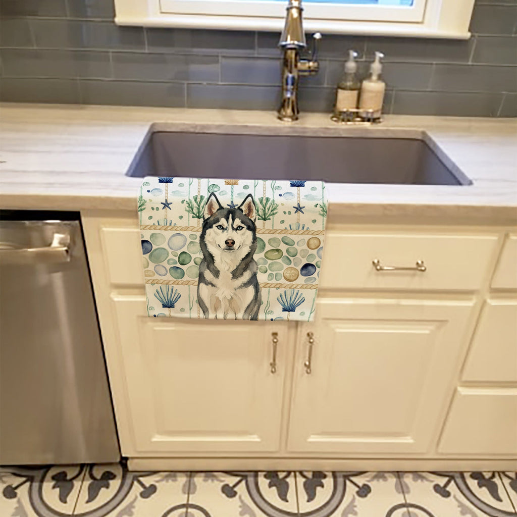 Siberian Husky Coastal Sea Glass Kitchen Towel Velour Plush Front and Cotton Loop Back Machine Washable