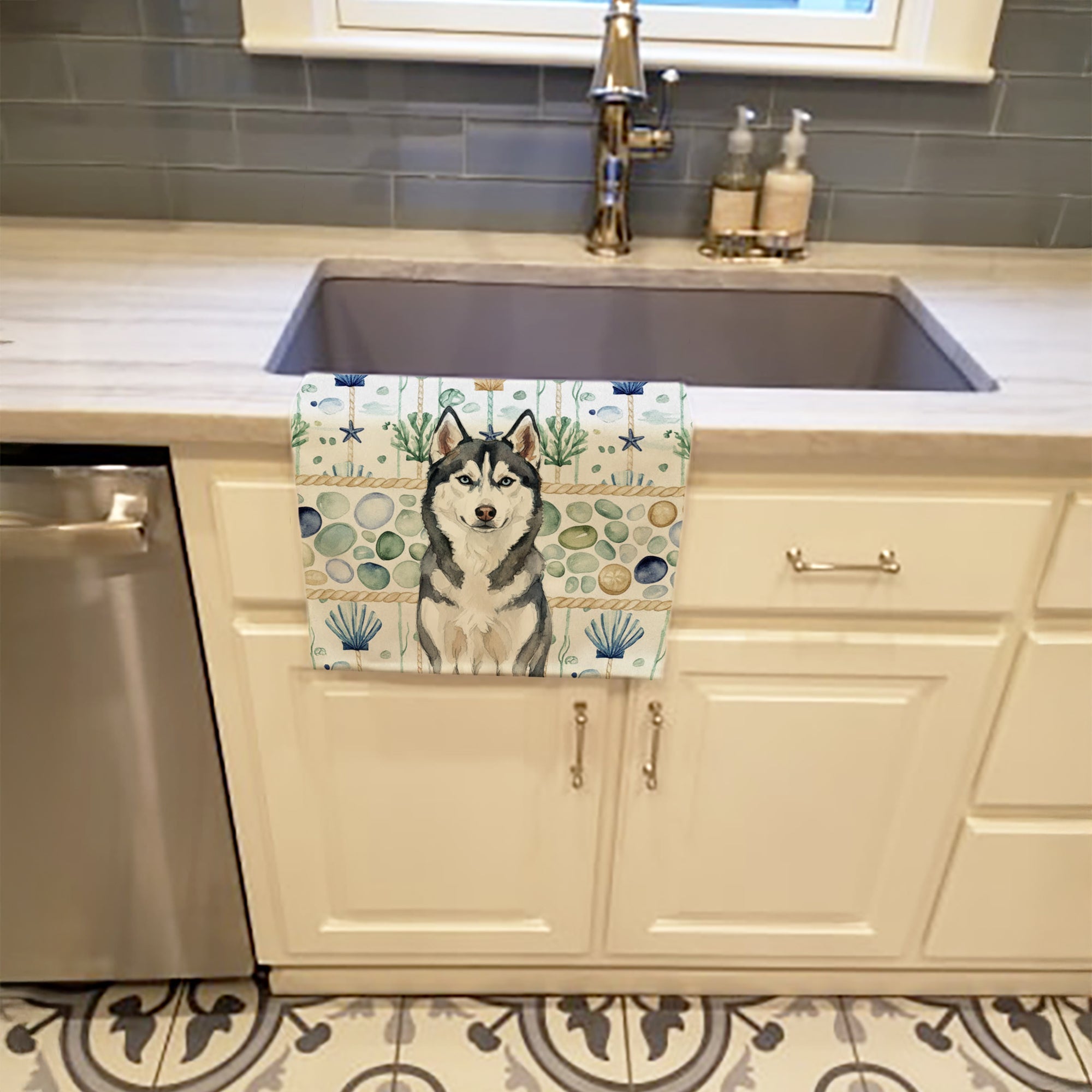 Siberian Husky Coastal Sea Glass Kitchen Towel Velour Plush Front and Cotton Loop Back Machine Washable