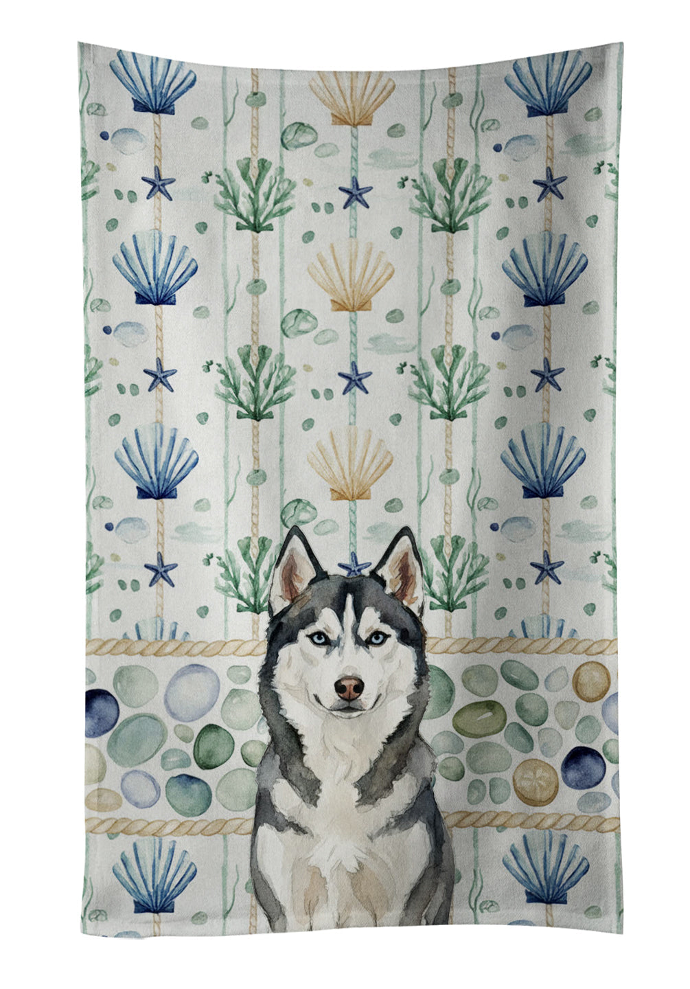 Siberian Husky Coastal Sea Glass Kitchen Towel Velour Plush Front and Cotton Loop Back Machine Washable