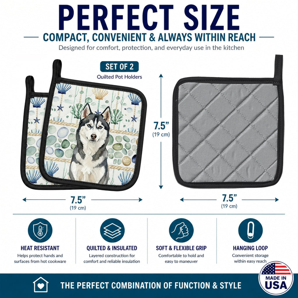 Siberian Husky Coastal Sea Glass Pot Holder Set of 2 Heat Resistant Quilted Hot Pads 7.5 x 7.5 Inch, Insulated Kitchen Trivets for Cooking & Baking