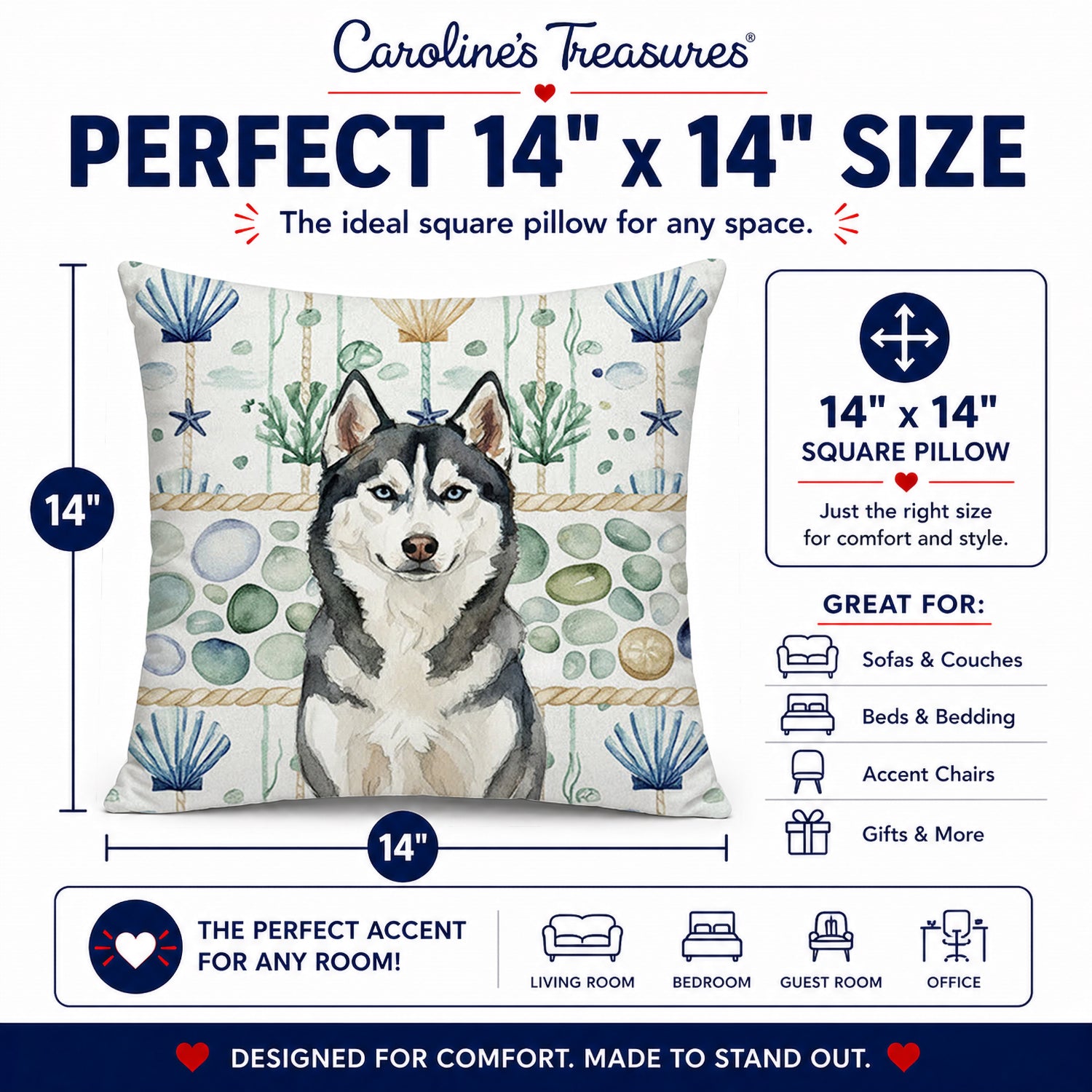Siberian Husky Coastal Sea Glass Decorative Throw Pillow 14x14 Indoor Outdoor Accent Cushion, Fabric Cover with Insert for Sofa, Bed, Porch & Living Room