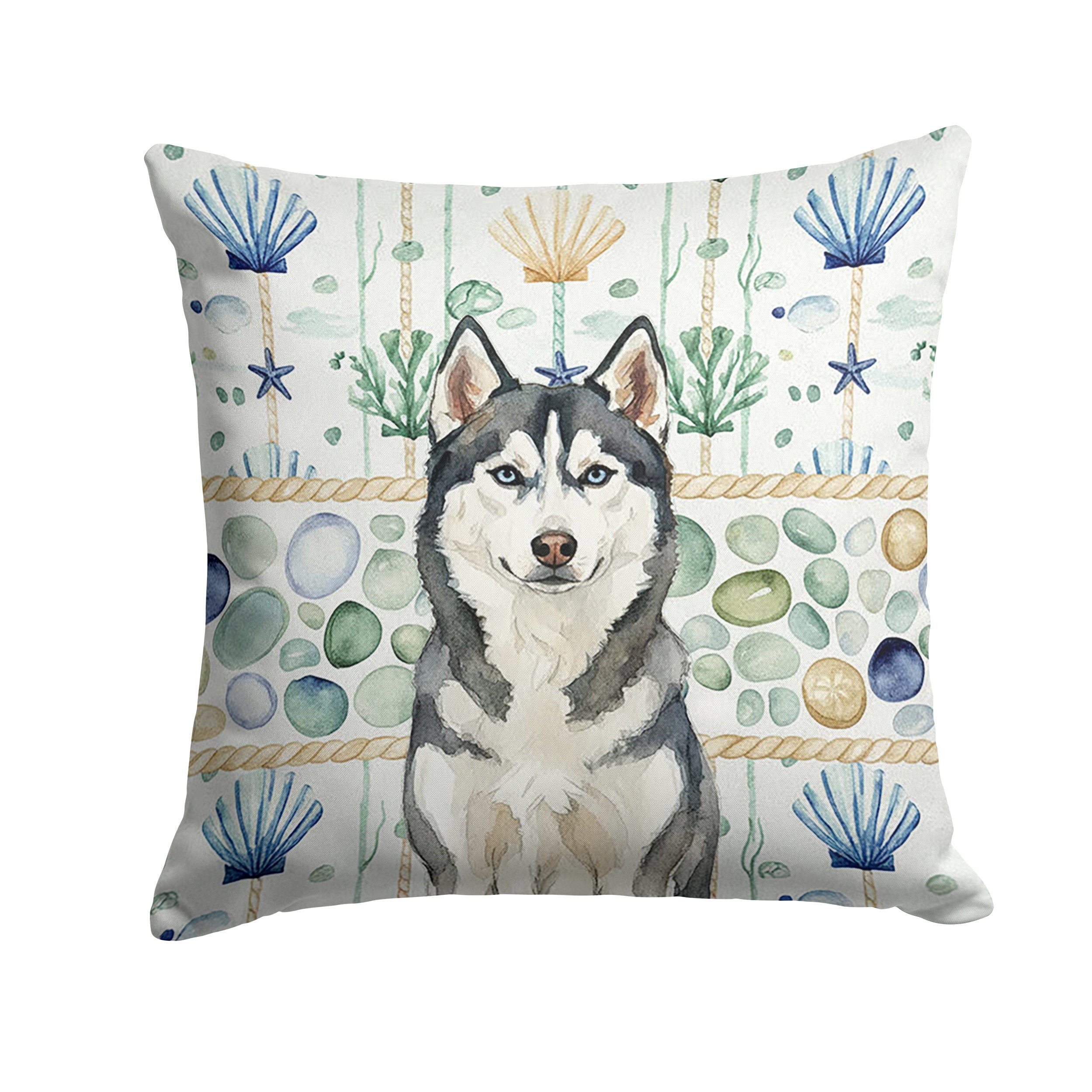 Siberian Husky Coastal Sea Glass Decorative Throw Pillow 14x14 Indoor Outdoor Accent Cushion, Fabric Cover with Insert for Sofa, Bed, Porch & Living Room