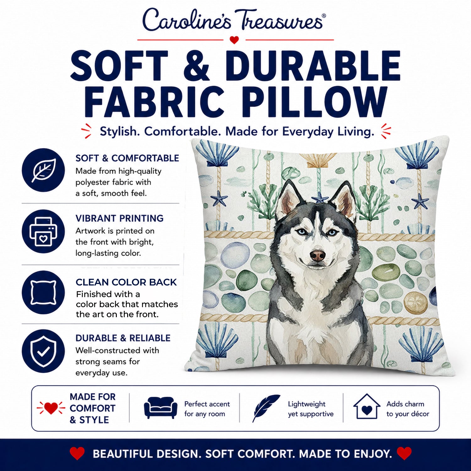 Siberian Husky Coastal Sea Glass Decorative Throw Pillow 18x18 Indoor Outdoor Accent Cushion, Fabric Cover with Insert for Sofa, Bed, Porch & Living Room